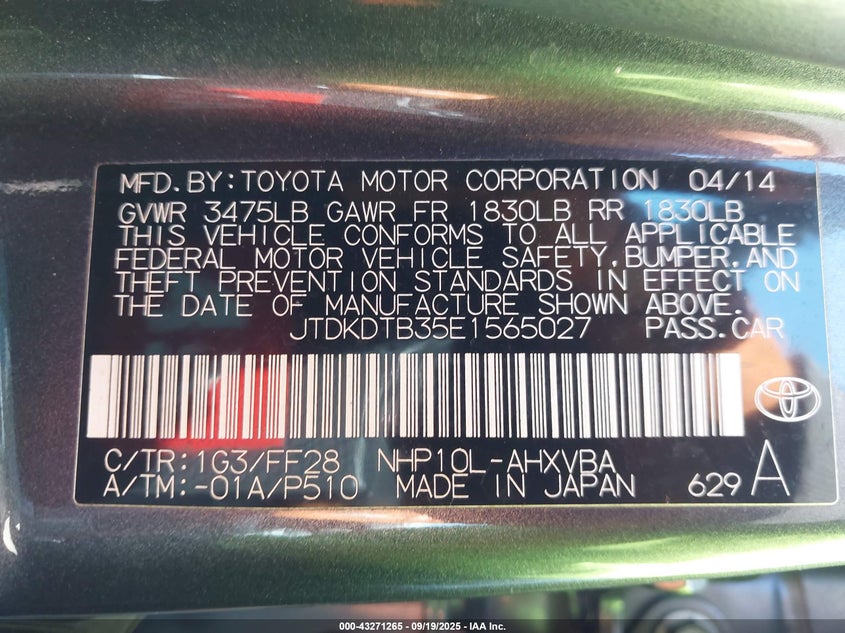 2014 TOYOTA PRIUS C TWO - JTDKDTB35E1565027