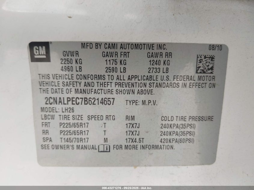 2011 Chevrolet Equinox 2Lt VIN: 2CNALPEC7B6214657 Lot: 43271276