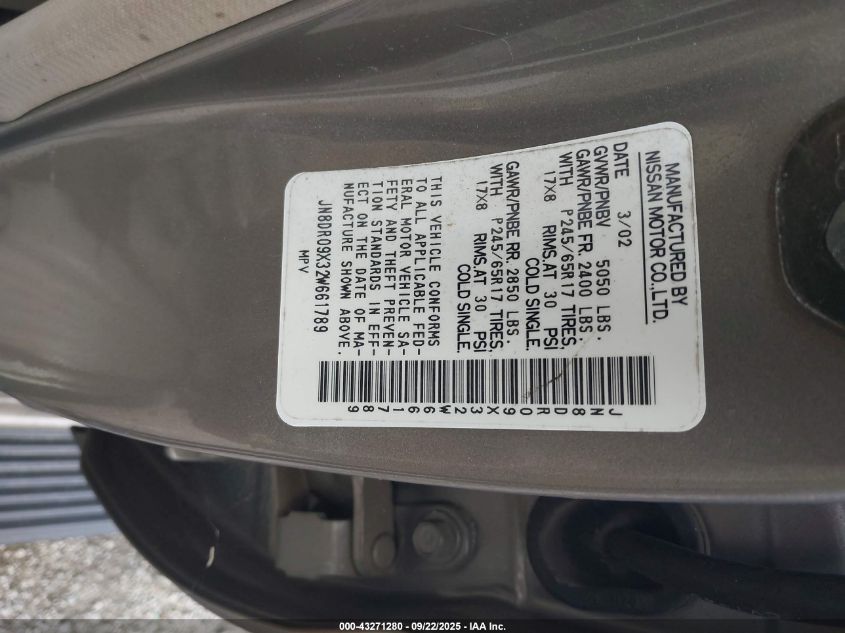 2002 Nissan Pathfinder Le VIN: JN8DR09X32W661789 Lot: 43271280