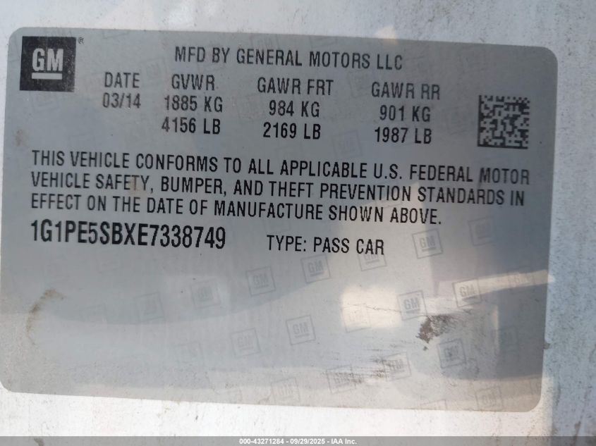 2014 Chevrolet Cruze 2Lt Auto VIN: 1G1PE5SBXE7338749 Lot: 43271284