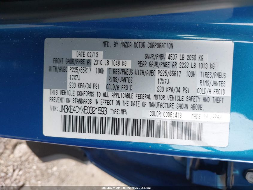 2014 Mazda Cx-5 Touring VIN: JM3KE4CYXE0321593 Lot: 43271291