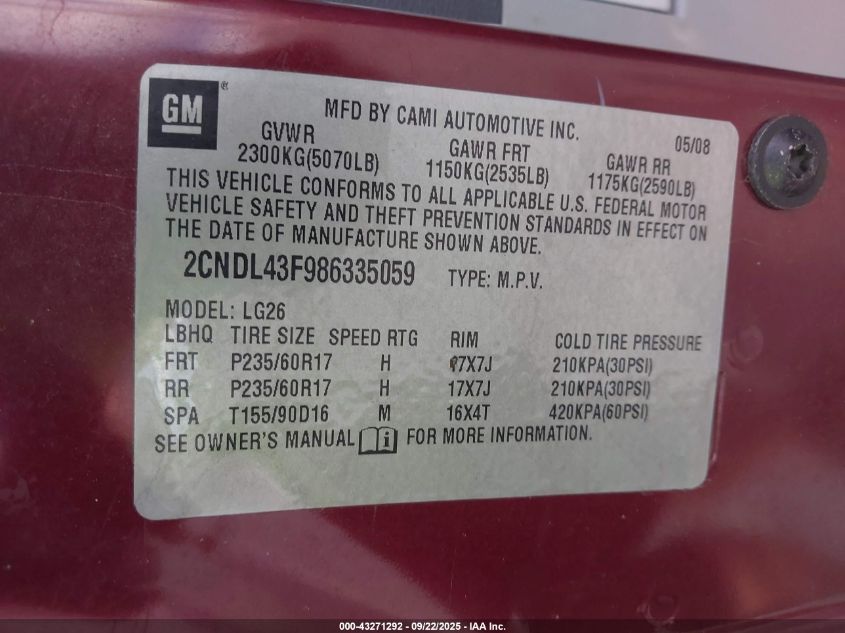 2008 Chevrolet Equinox Lt VIN: 2CNDL43F986335059 Lot: 43271292