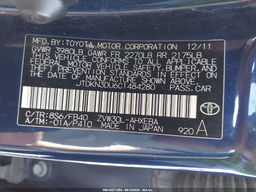 2012 Toyota Prius Two VIN: JTDKN3DU6C1484280 Lot: 43271294