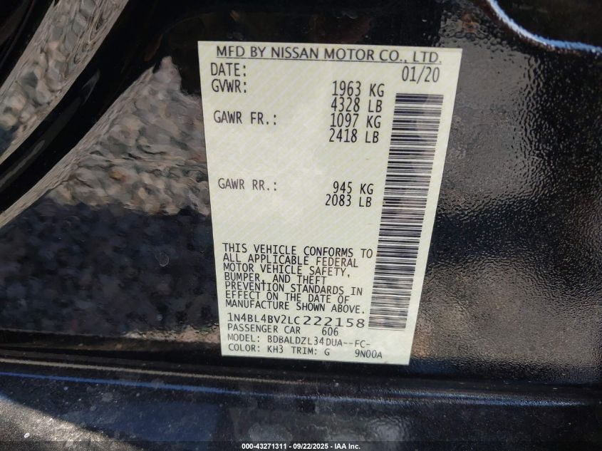 2020 Nissan Altima S Fwd VIN: 1N4BL4BV2LC222158 Lot: 43271311