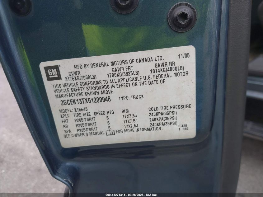 2006 Chevrolet Silverado 1500 Lt2 VIN: 2GCEK13TX61209948 Lot: 43271314