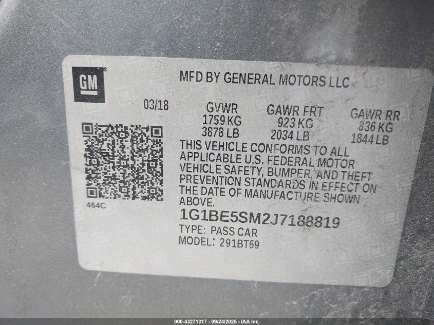 2018 Chevrolet Cruze Lt Auto VIN: 1G1BE5SM2J7188819 Lot: 43271317