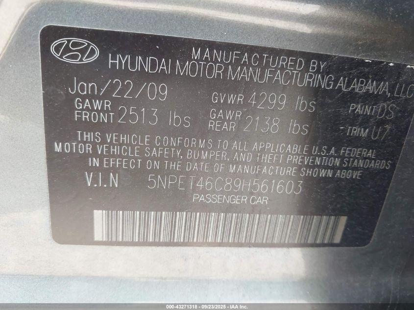 2009 Hyundai Sonata Gls VIN: 5NPET46C89H561603 Lot: 43271318