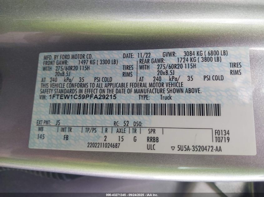 2023 Ford F-150 Xlt VIN: 1FTEW1C59PFA29215 Lot: 43271345