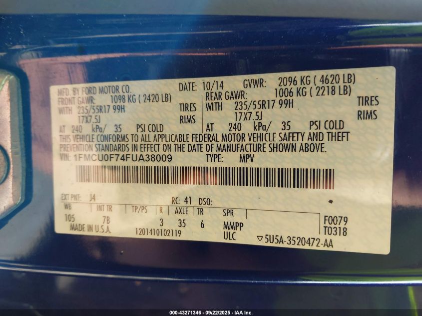 2015 Ford Escape S VIN: 1FMCU0F74FUA38009 Lot: 43271346