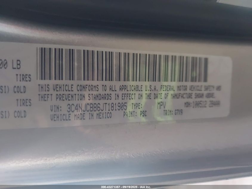 2018 Jeep Compass Latitude Fwd VIN: 3C4NJCBB6JT181905 Lot: 43271357