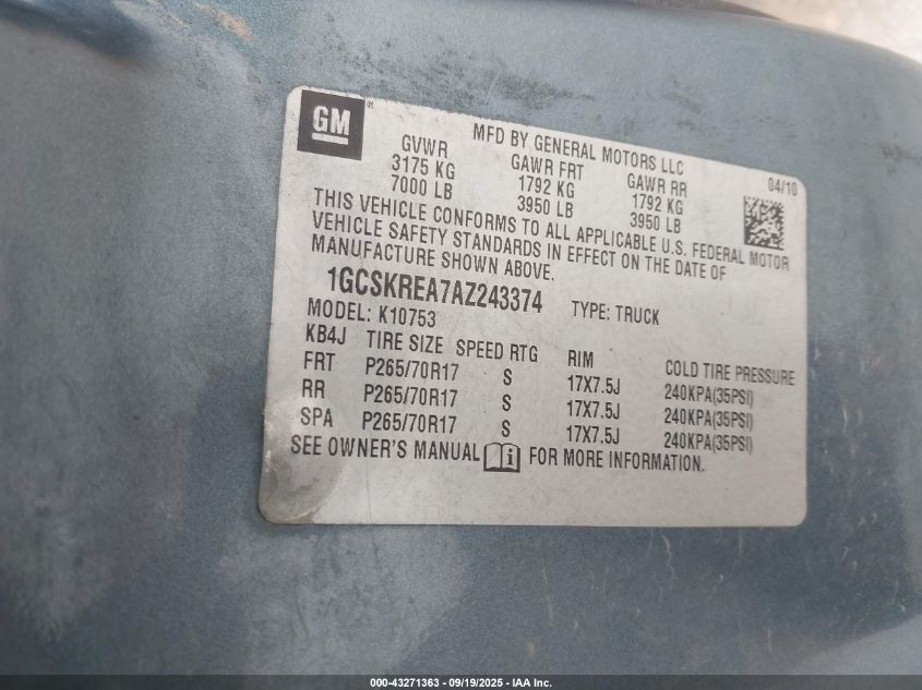 2010 Chevrolet Silverado 1500 Ls VIN: 1GCSKREA7AZ243374 Lot: 43271363