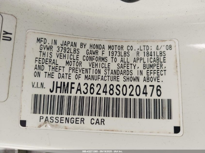 2008 Honda Civic Hybrid VIN: JHMFA36248S020476 Lot: 43271369