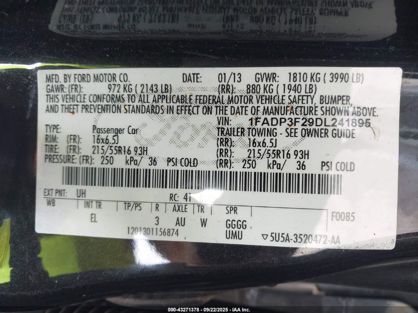 2013 Ford Focus Se VIN: 1FADP3F29DL241895 Lot: 43271378