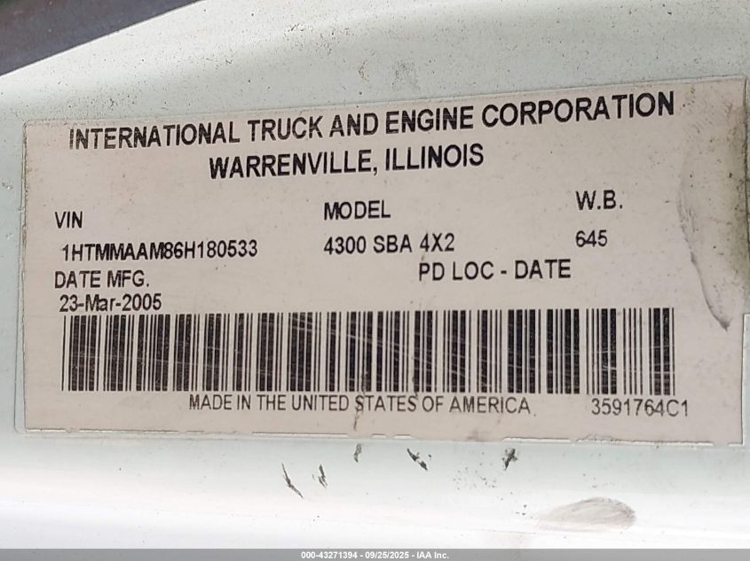 2006 International 4000 4300 VIN: 1HTMMAAM86H180533 Lot: 43271394