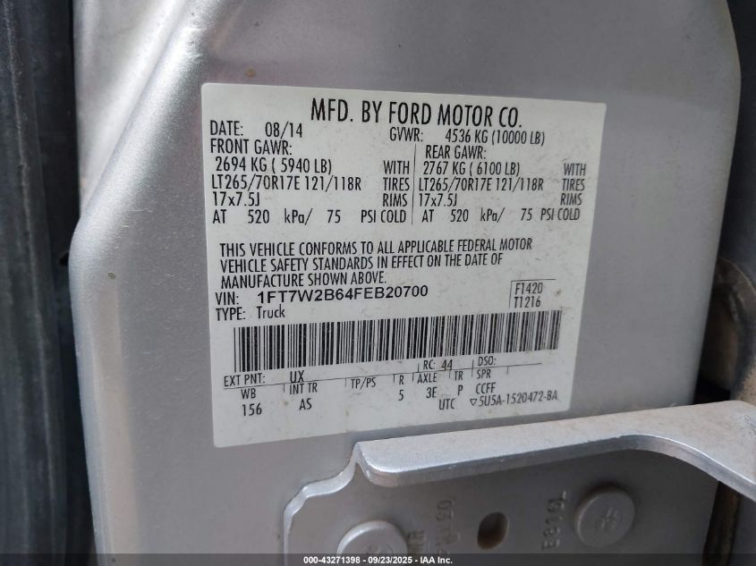 2015 Ford F-250 Xl VIN: 1FT7W2B64FEB20700 Lot: 43271398