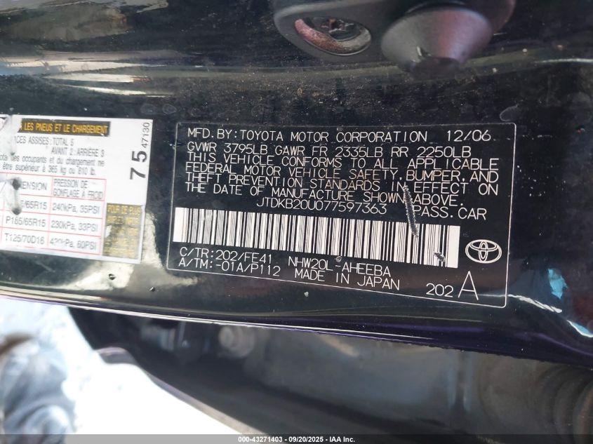 2007 Toyota Prius Touring VIN: JTDKB20U077597363 Lot: 43271403