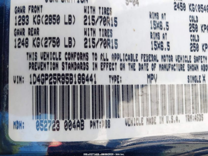 2005 Dodge Caravan Se VIN: 1D4GP25R95B186441 Lot: 43271405