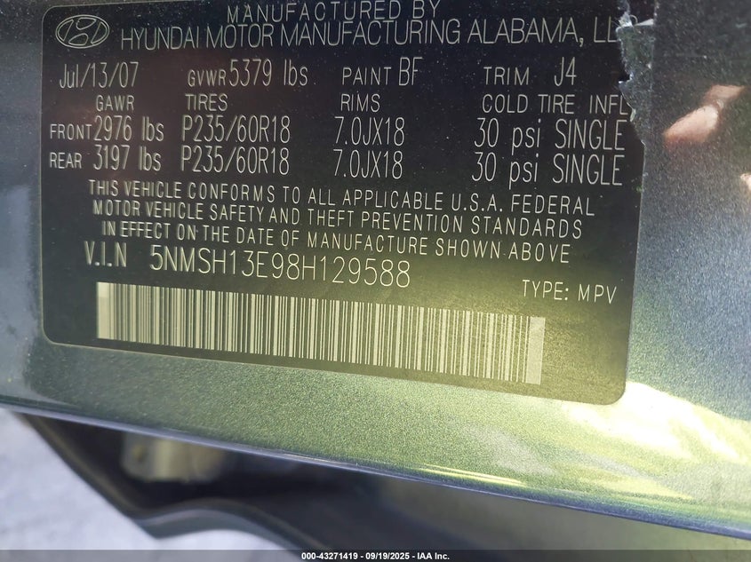 5NMSH13E98H129588 2008 HYUNDAI SANTA FE photo no. 9