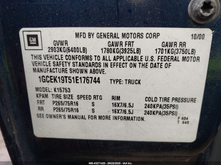 2001 Chevrolet Silverado 1500 Ls VIN: 1GCEK19T51E176744 Lot: 43271420