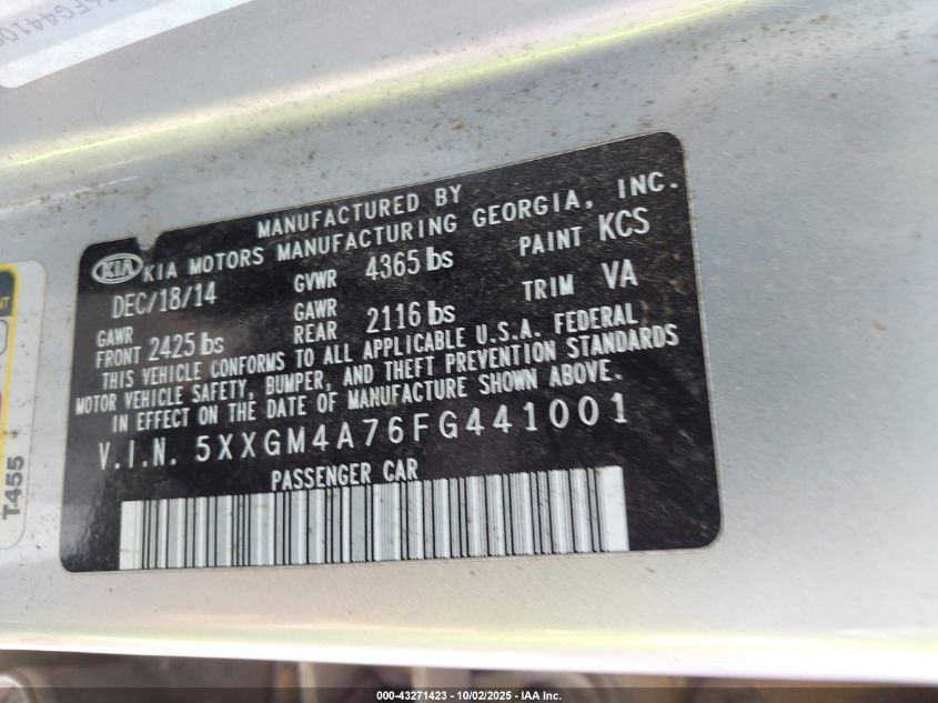 2015 Kia Optima Lx VIN: 5XXGM4A76FG441001 Lot: 43271423