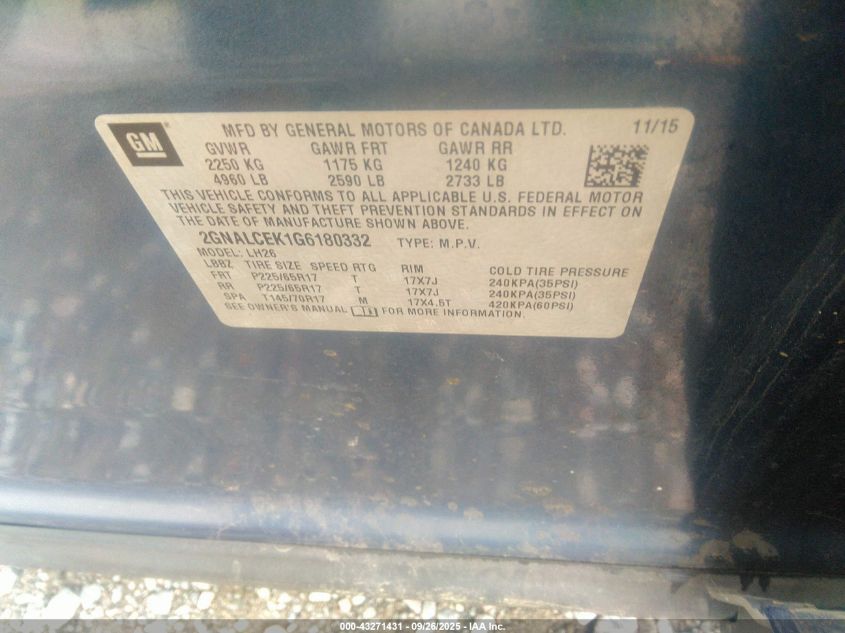 2016 Chevrolet Equinox Lt VIN: 2GNALCEK1G6180332 Lot: 43271431