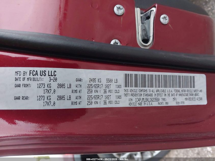 2020 Jeep Cherokee Latitude Plus 4X4 VIN: 1C4PJMLBXLD623560 Lot: 43271436