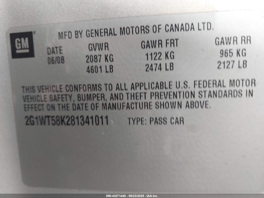 2008 Chevrolet Impala Lt VIN: 2G1WT58K281341011 Lot: 43271440