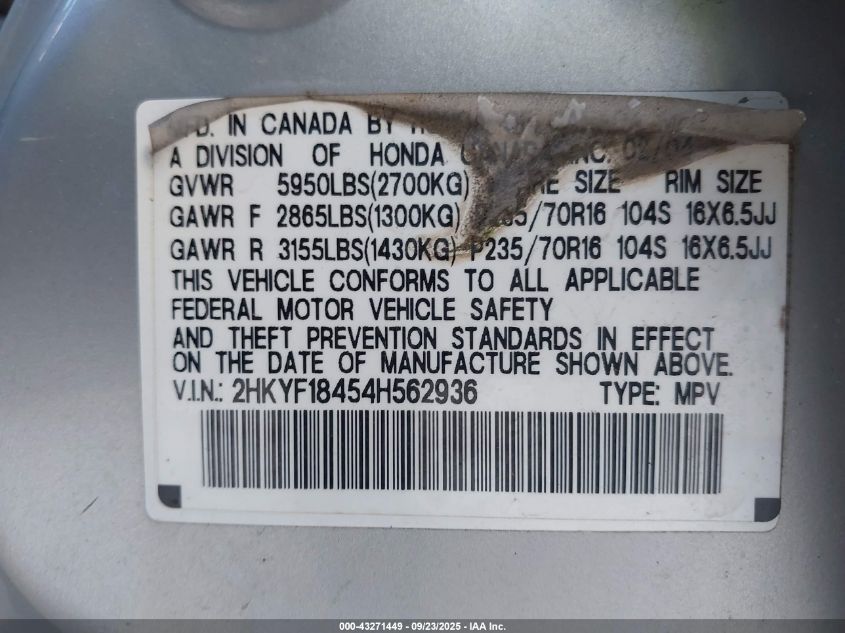 2004 Honda Pilot Ex VIN: 2HKYF18454H562936 Lot: 43271449