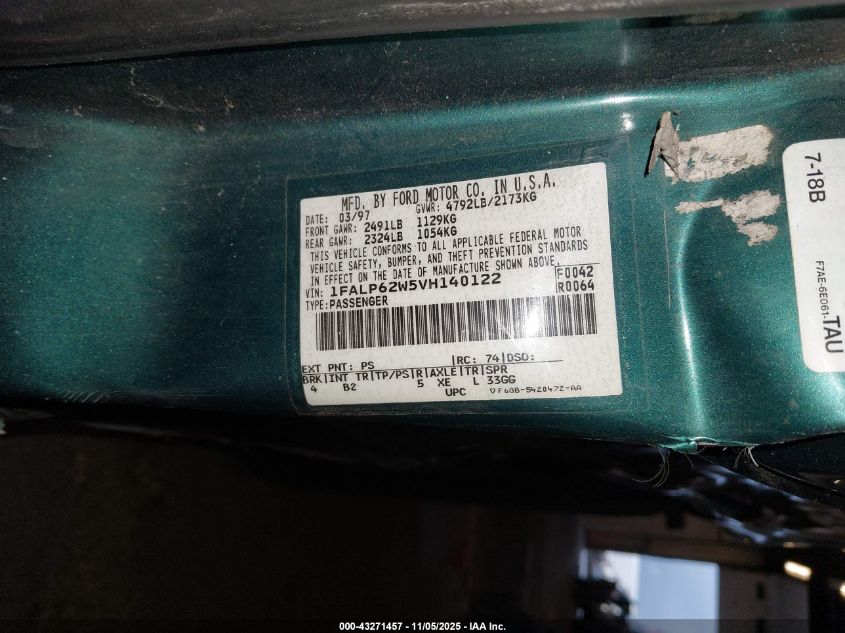 1997 Ford Thunderbird Lx VIN: 1FALP62W5VH140122 Lot: 43271457