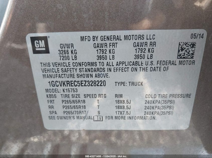 2014 Chevrolet Silverado 1500 1Lt VIN: 1GCVKREC5EZ328220 Lot: 43271458