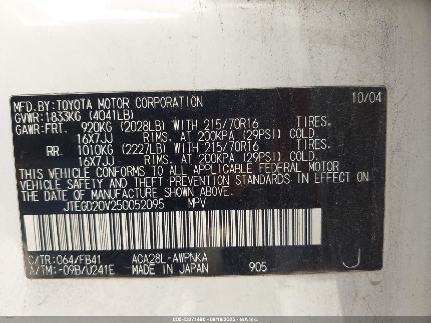 2005 Toyota Rav4 VIN: JTEGD20V250052095 Lot: 43271460