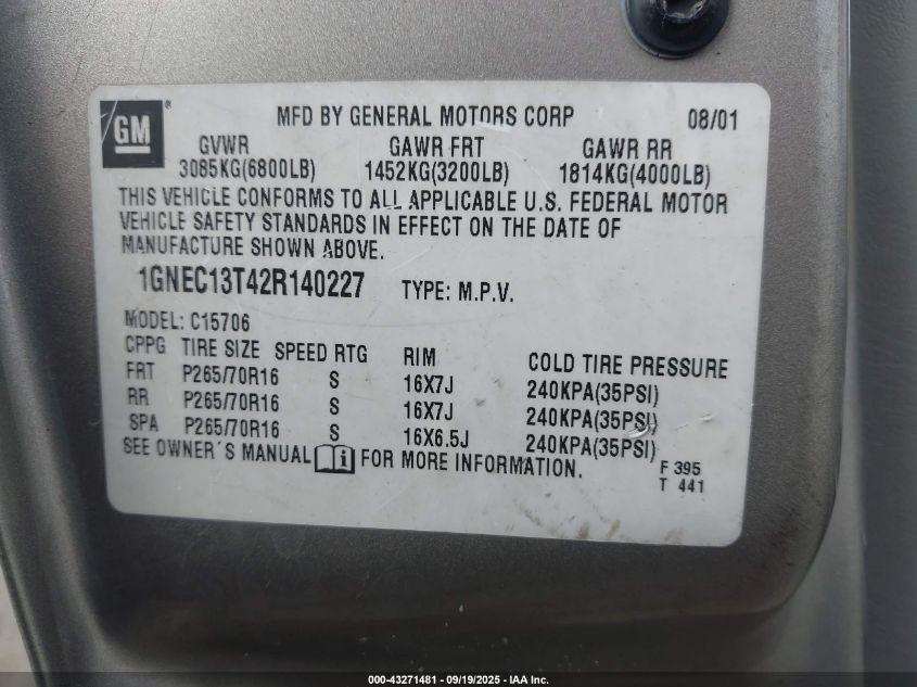 2002 Chevrolet Tahoe Ls VIN: 1GNEC13T42R140227 Lot: 43271481