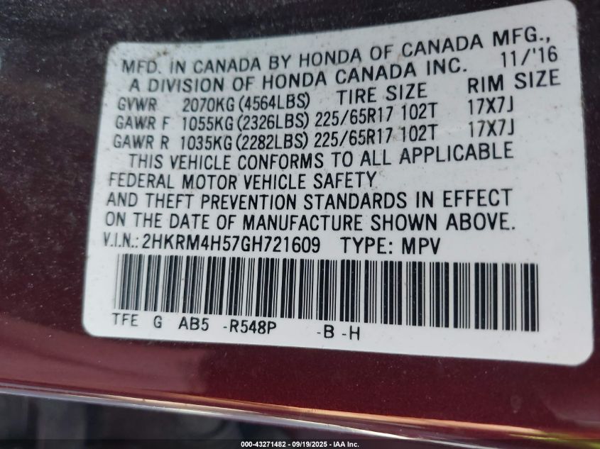 2016 Honda Cr-V Ex VIN: 2HKRM4H57GH721609 Lot: 43271482