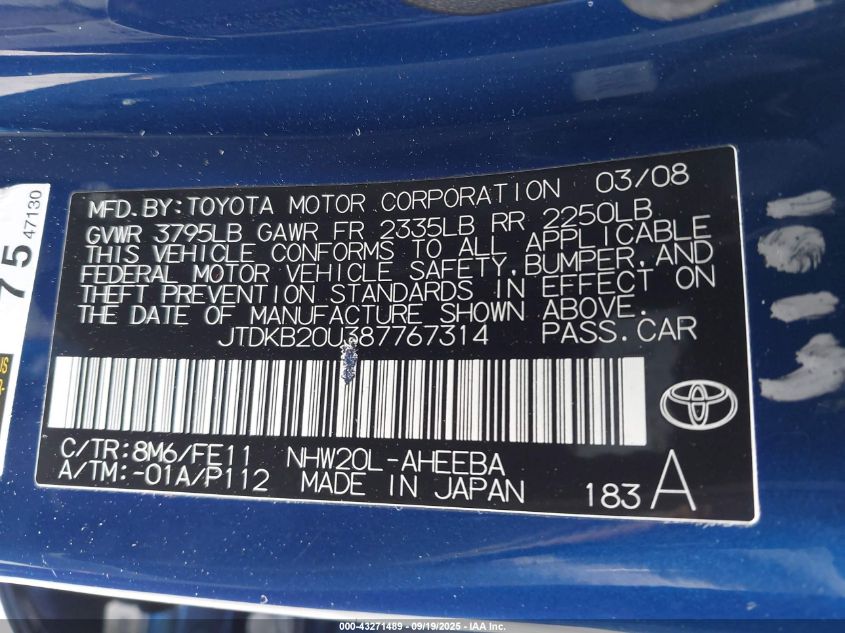 2008 Toyota Prius VIN: JTDKB20U387767314 Lot: 43271489