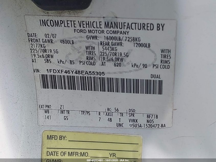 2008 Ford F-450 Chassis Xl/Xlt VIN: 1FDXF46Y48EA55305 Lot: 43271491