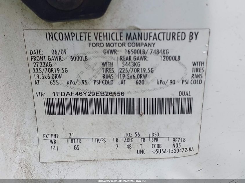 2009 Ford F-450 Chassis Xl/Xlt VIN: 1FDAF46Y29EB26556 Lot: 43271492