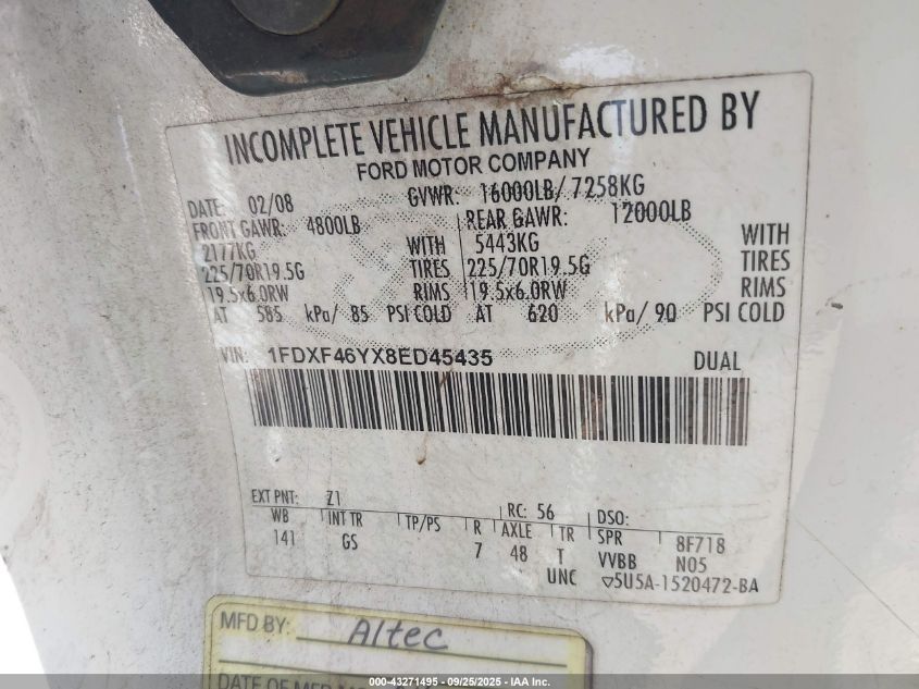 2008 Ford F-450 Chassis Xl/Xlt VIN: 1FDXF46YX8ED45435 Lot: 43271495