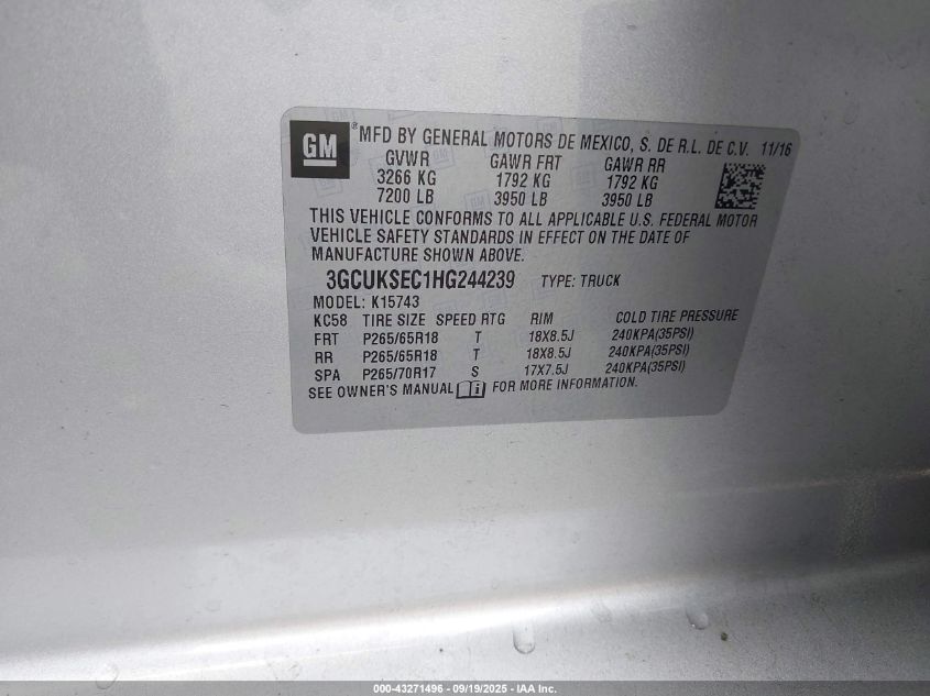 2017 Chevrolet Silverado 1500 2Lz VIN: 3GCUKSEC1HG244239 Lot: 43271496