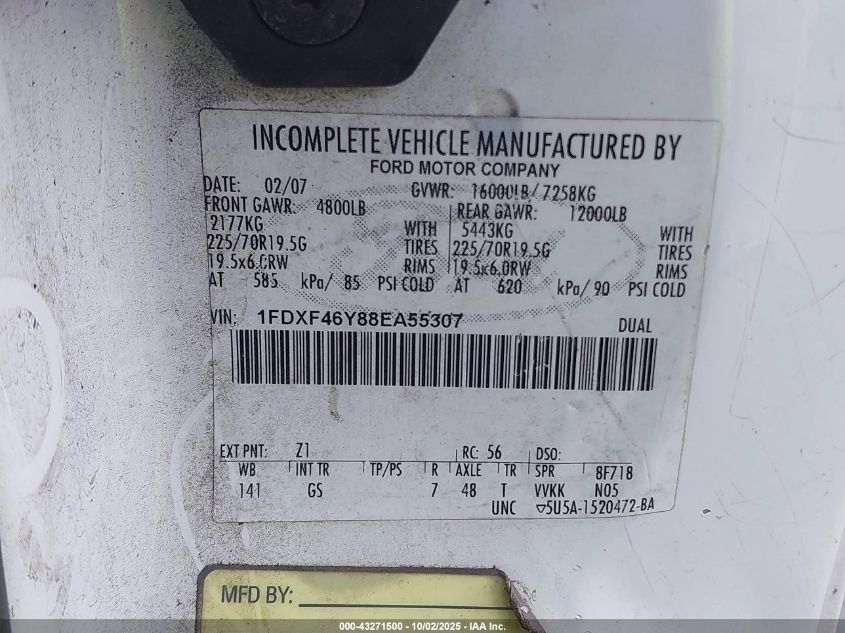 2008 Ford F-450 Chassis Xl/Xlt VIN: 1FDXF46Y88EA55307 Lot: 43271500