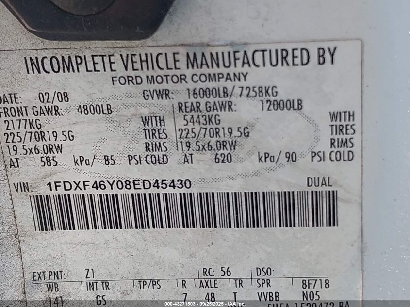 2008 Ford F-450 Chassis Xl/Xlt VIN: 1FDXF46Y08ED45430 Lot: 43271503
