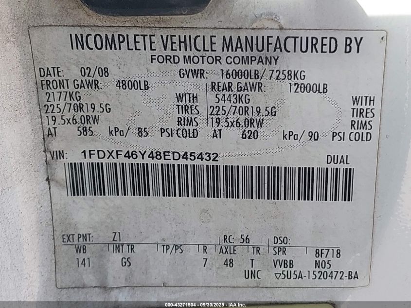 2008 Ford F-450 Chassis Xl/Xlt VIN: 1FDXF46Y48ED45432 Lot: 43271504