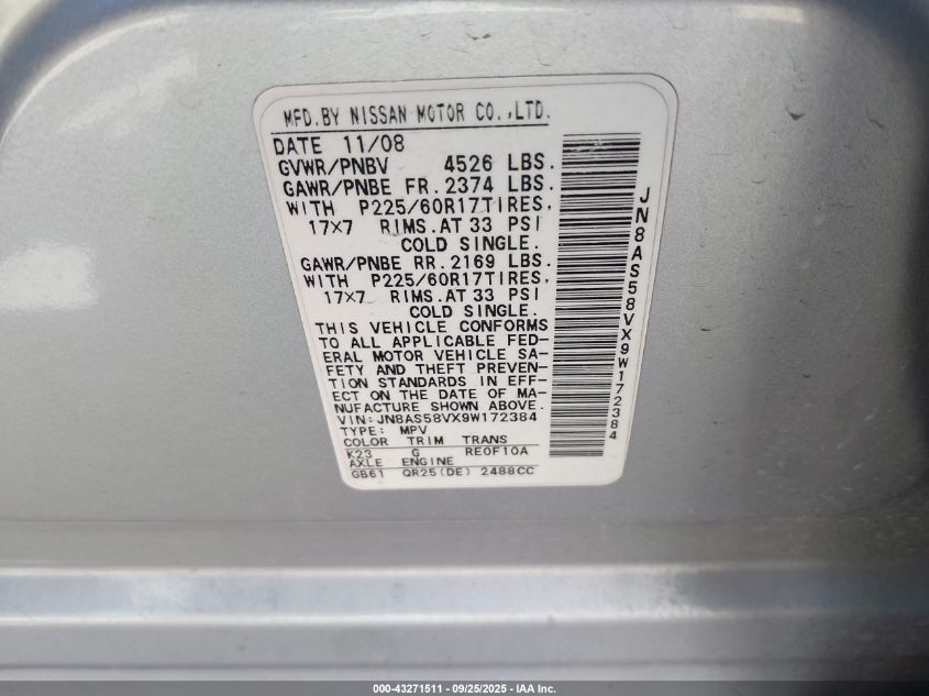 2009 Nissan Rogue Sl VIN: JN8AS58VX9W172384 Lot: 43271511