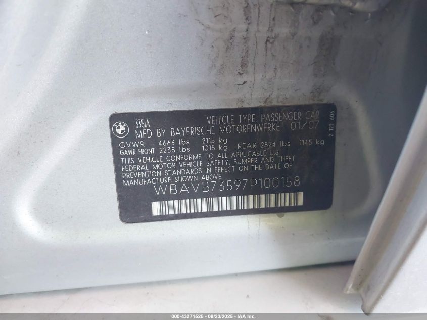 2007 BMW 335I VIN: WBAVB73597P100158 Lot: 43271525
