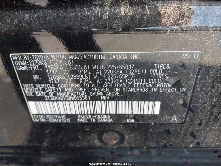 2011 Toyota Rav4 Limited V6 VIN: 2T3EK4DV3BW055361 Lot: 43271529