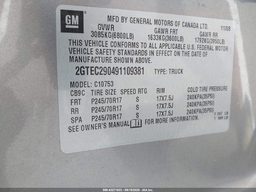 2009 GMC Sierra 1500 Sle VIN: 2GTEC290491109381 Lot: 43271533