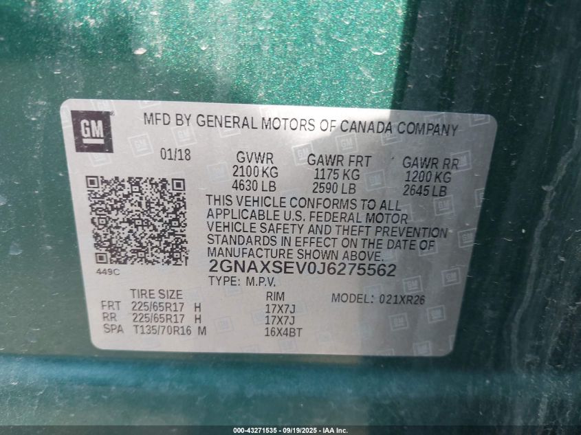 2018 Chevrolet Equinox Lt VIN: 2GNAXSEV0J6275562 Lot: 43271535