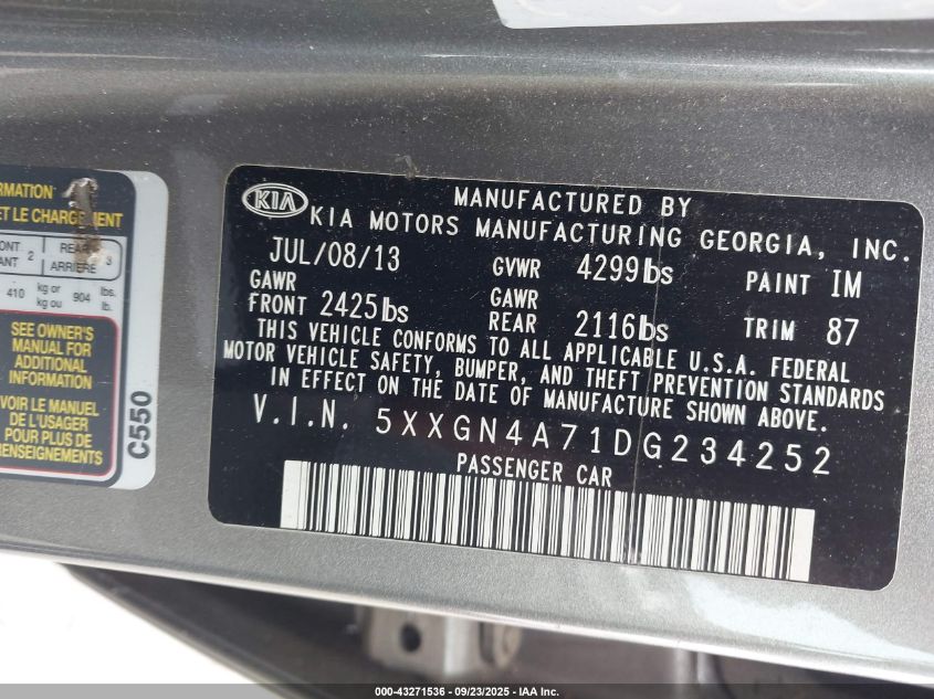 2013 Kia Optima Ex VIN: 5XXGN4A71DG234252 Lot: 43271536