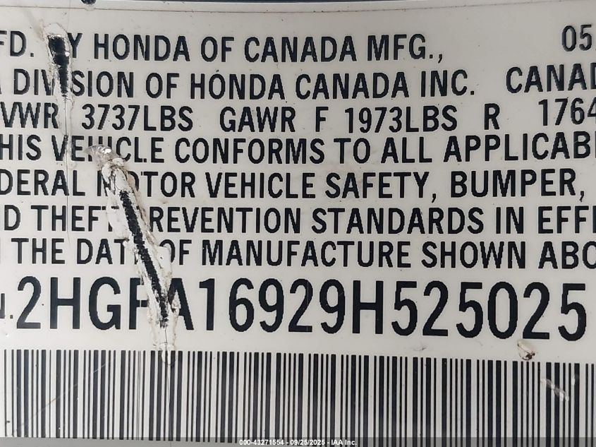 2009 Honda Civic Ex-L VIN: 2HGFA16929H525025 Lot: 43271554