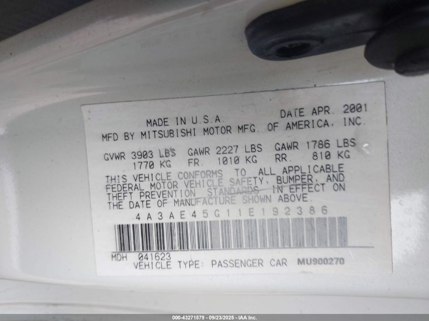 2001 Mitsubishi Eclipse Spyder Gs VIN: 4A3AE45G11E192386 Lot: 43271579