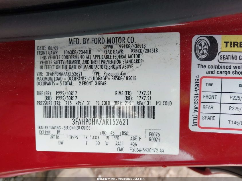 2010 Ford Fusion Se VIN: 3FAHP0HA7AR152621 Lot: 43271596